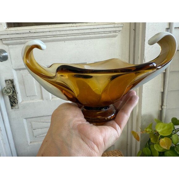 Vintage MCM Midcentury Art Glass Dish/Bowl Amber and Milk Glass - Picture 3 of 13